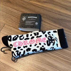 Chrome Hearts Leopard Print Socks with Pink Logo